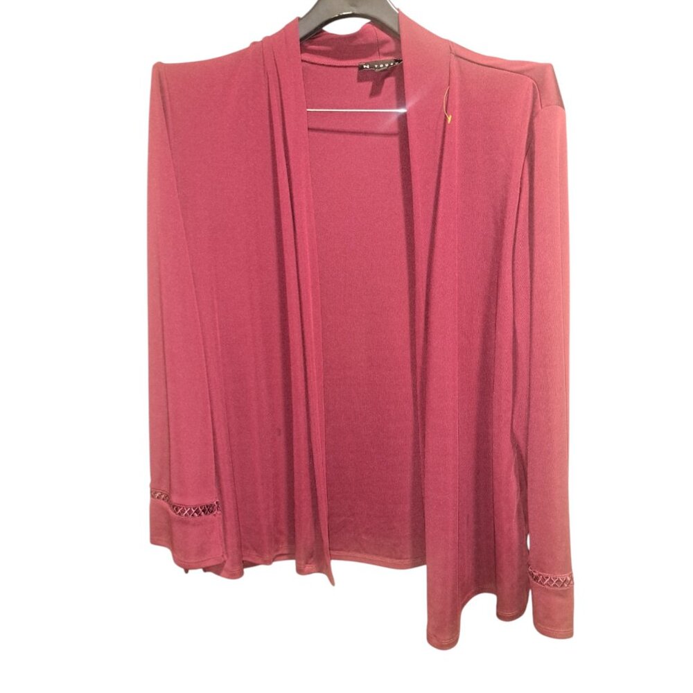N Touch Open Front Cardigan Womens L Burgundy Lace Trim Lightweight Stretch Knit
